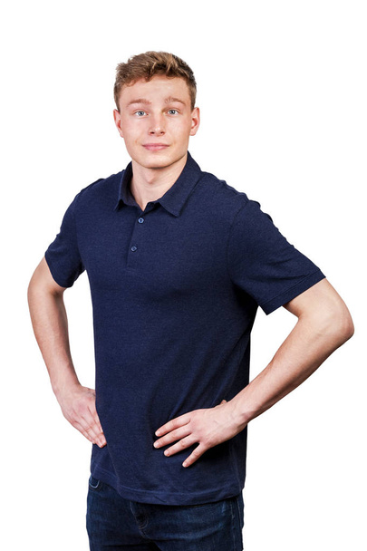 Man in navy polo t-shirt on white background with smile. - Fotoğraf, Görsel