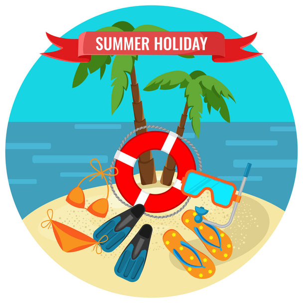 Καλοκαιρινές διακοπές αφίσα με τροπικό νησί και ταξιδεύουν αξεσουάρ - Διάνυσμα, εικόνα