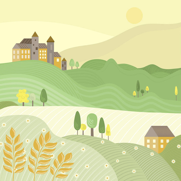 landscape with fields, flowers and houses - Vector, imagen