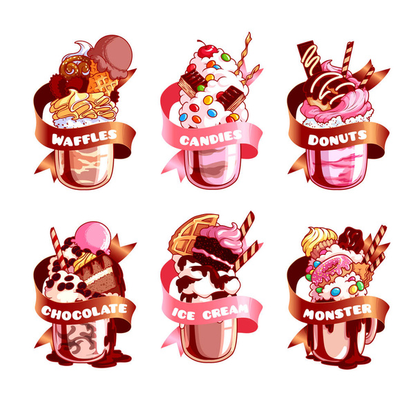 Six stickers with ribbon and different milkshakes. - ベクター画像
