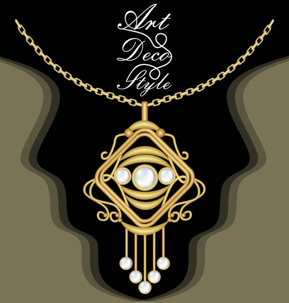 Expensive art deco filigree necklace, pendant with pearl, on chain, antique gold jewel, fashion in victorian style, - Vector, Image
