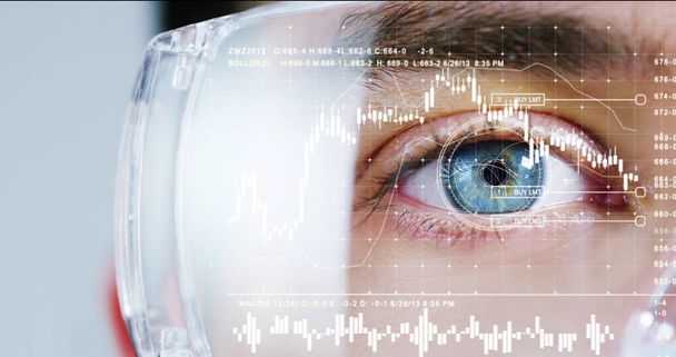 biometric of a scientist with futuristic graphics and holography with financial graphic. - Foto, Imagen