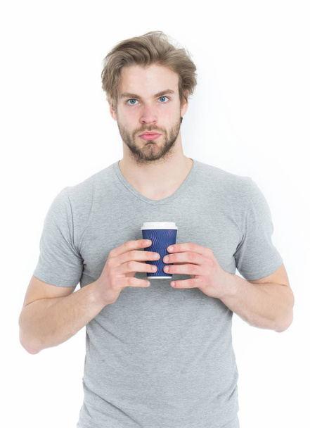 office man hold paper takeaway coffee cup in hand - Фото, зображення