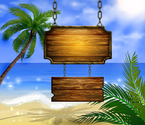 summer wooden sign on tropical beach background - Vector, Image