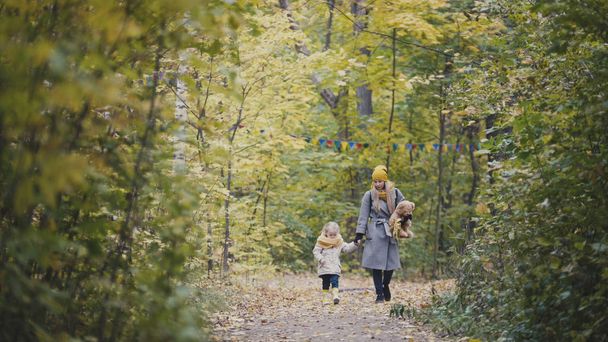 Anne ve kızı küçük kız bir sonbahar parkta yürüyüş - Fotoğraf, Görsel