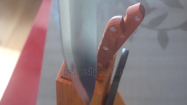 Pulling a knife out of the knives block and putting it back at its place - Footage, Video