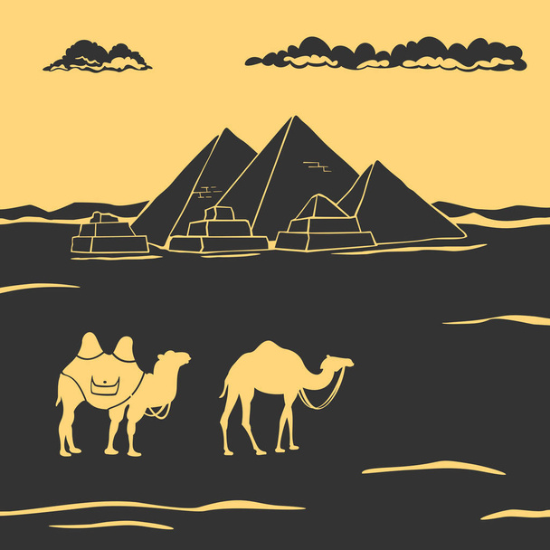 Egyptian Pyramids And Camels Vector Illustration - Vector, Image