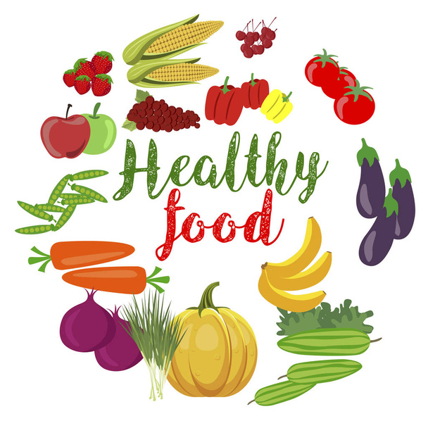 Fresh organic vegetables and fruits with healty food text - Vektor, Bild
