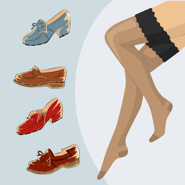 Stockings and female legs with retro vintage shoes - Vetor, Imagem