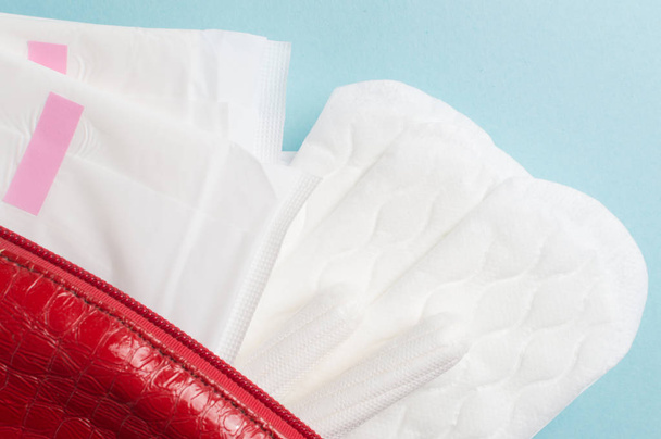 Tampones y almohadillas menstruales en bolsa cosmética. Ciclo de menstruación. Higiene y protección - Foto, Imagen