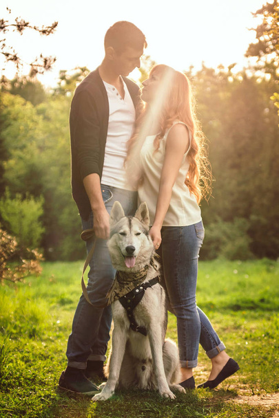 A young couple walking a dog in the park - Foto, Imagen
