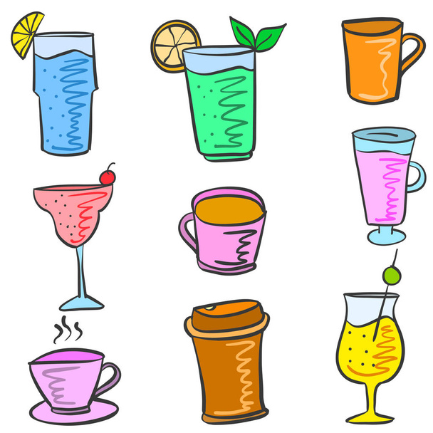 Colorful various drink set doodles - Vecteur, image