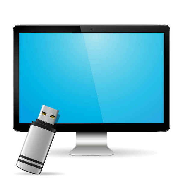 Computer display with flash drive - Vector, Image