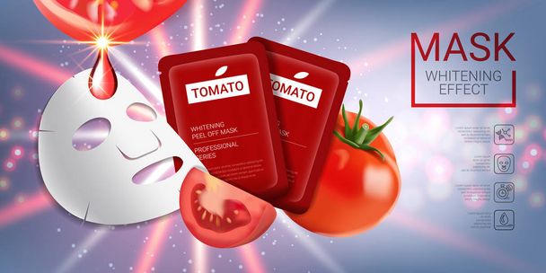 Tomate masque de soins de la peau annonces. Illustration vectorielle avec masque de tomates et emballage
. - Vecteur, image