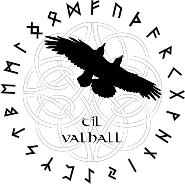 Scandinavische ornament in de kring van magische Noordse runes en een Raven vliegen - Vector, afbeelding