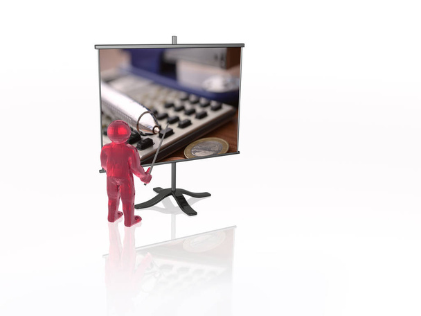 Man with presentation stand, white background - Foto, afbeelding