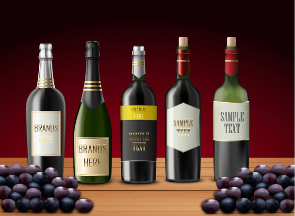 Set of wine bottles and grapes - Vector, Image