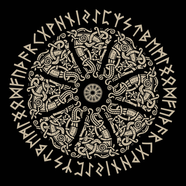 Αρχαία σκανδιναβική στολίδι, ασπίδα σκανδιναβικές και Viking ρούνους - Διάνυσμα, εικόνα