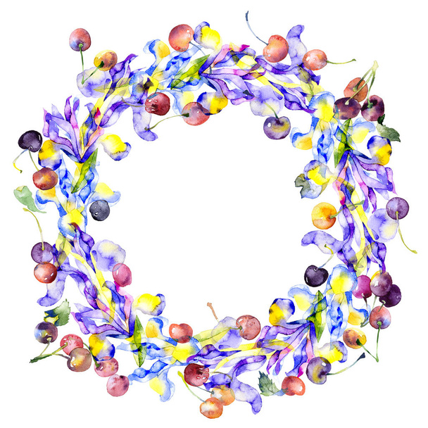 Festive, fruitful, vegetable, berry, floral wreath of irises and a red, ripe cherry. Watercolor. Illustration - Foto, Imagen