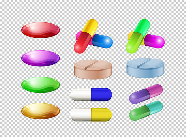 Verschillende kleuren pillen op transparante achtergrond - Vector, afbeelding