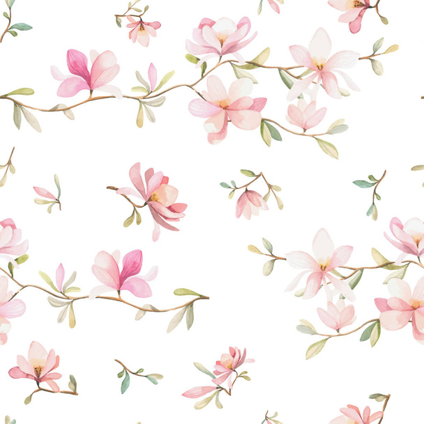Seamless floral pattern with magnolias on a white background, watercolor. - Вектор,изображение