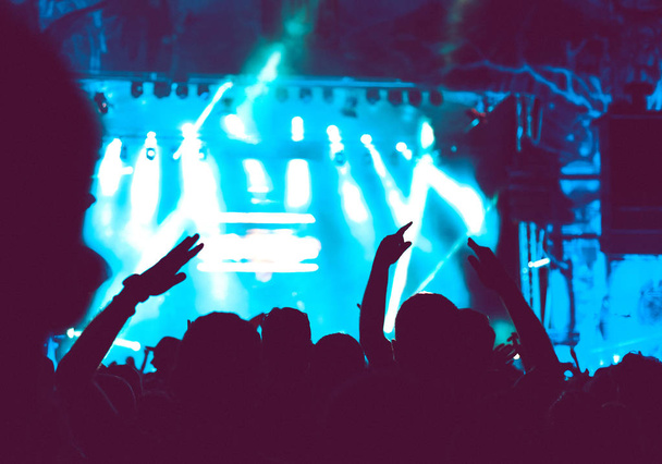 Crowd of audience with hands raised at a music festival - Photo, Image