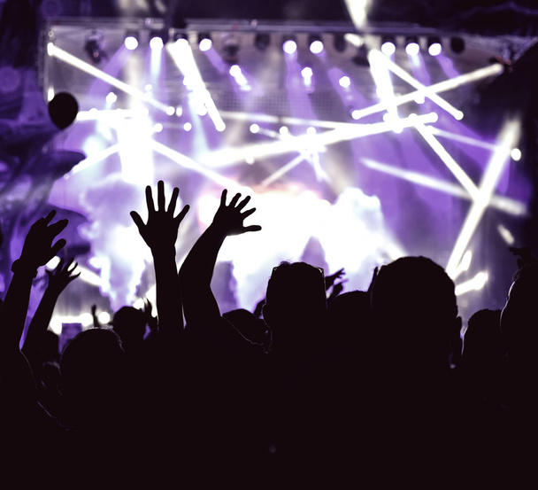 Натовп аудиторії з піднятими руками на музичному фестивалі
 - Фото, зображення