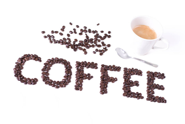 Coffee background, inscription of roasted coffee beans, cup of coffee - Zdjęcie, obraz