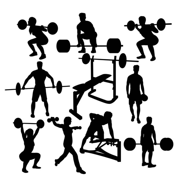 Sexy Sweaty Girl Exercising in Gym Silhouettes - Vector, Image