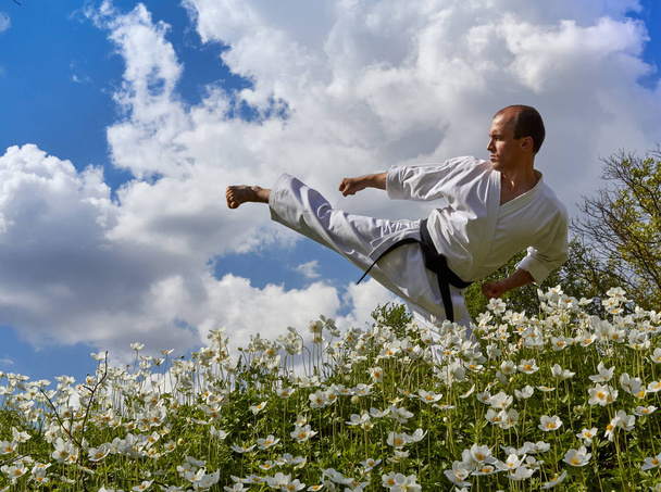 Yetişkin sporcu darbe bacak gökyüzü arka plan üzerinde atıyor - Fotoğraf, Görsel