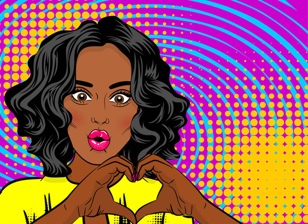 Black young woman pop art show heart hands - Wektor, obraz