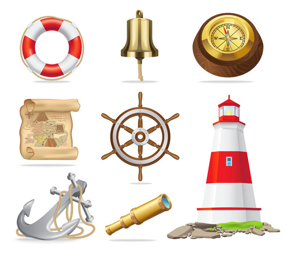 Marine Attributes Set of Isolated Illustrations - Vector, Image