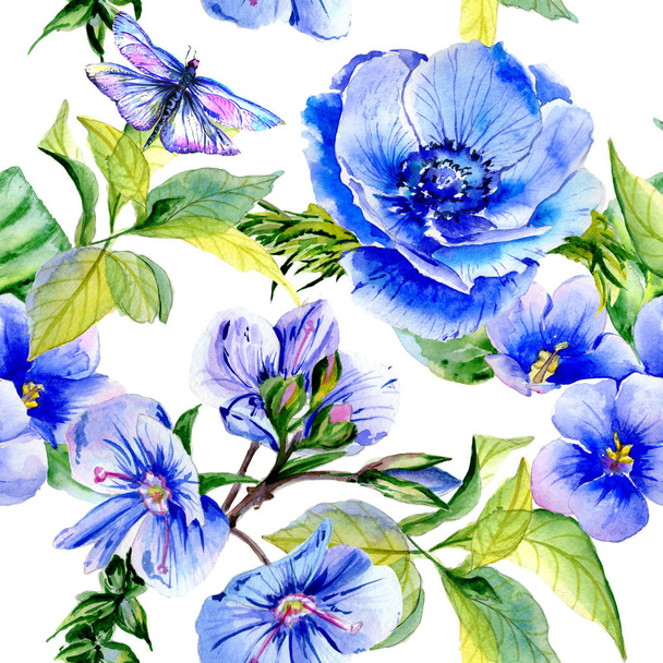 Wildflower anemone flower pattern  in a watercolor style isolated. - Φωτογραφία, εικόνα