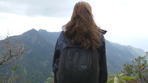 Jonge vrouwelijke toerist met rugzak genieten van prachtig uitzicht in de bergen. Vrouw reiziger in regenjas permanent aan de rand van prachtige canyon en natuur te kijken. Slow motion achterzijde terug bekijken - Video