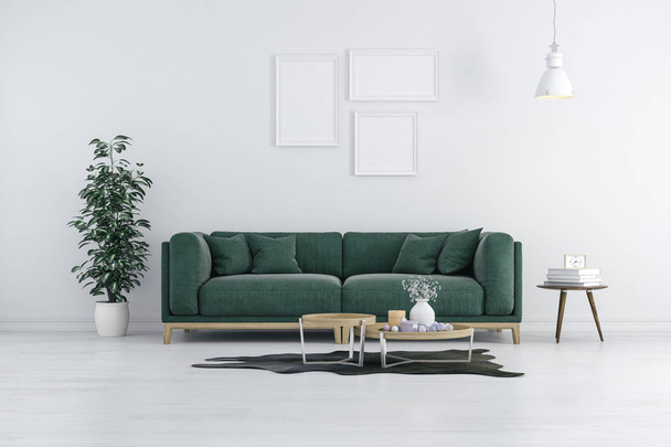 3d render of beautiful interior with green sofa and white walls - Φωτογραφία, εικόνα