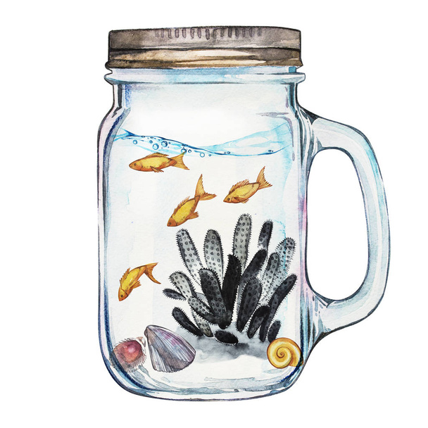 Isoleted Tumbler with Marine Life Landscape - the ocean and the underwater world with different inhabitants. Aquarium concept for posters, T-shirts, labels, websites, postcards. - Φωτογραφία, εικόνα