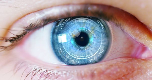 blue eye macro implemented with virtual reality. futuristic vision of reality and concept of cyber technology. Security sistems applied to technology. Concept of web control and remote support. - Фото, изображение