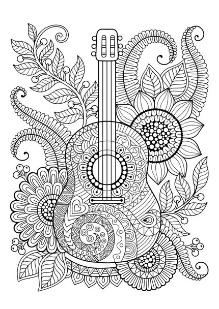 Vector Coloring Book for adult and relax. Guitar. Maxican - Vector, Image