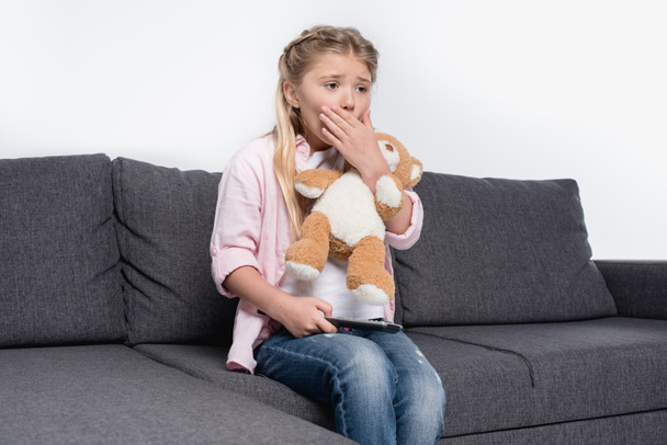 scared girl with teddy bear - Photo, Image