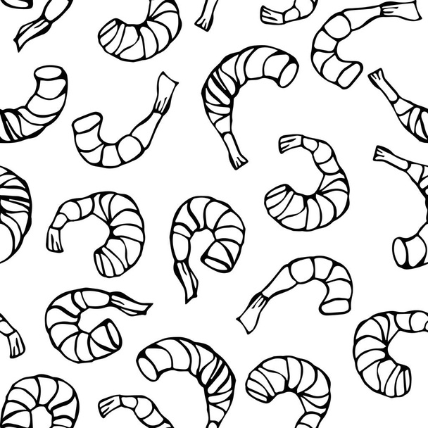Seafood Seamless Pattern. Shrimp or Prawn. Isolated On a White Background Doodle Cartoon Vintage Hand Drawn Sketch Vector Illustration. - Vector, afbeelding