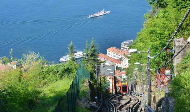 BRUNATE, ITALY - MAY 14, 2017: Funicular railway with spectacular view of Lake Como and Como town, Italy - Photo, Image