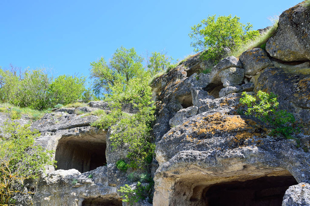 Crimea, Bakhchisaray, cave city Chufut Kale in the spring - Photo, Image
