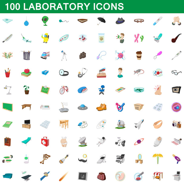100 laboratuvar simgeler ayarla, tarzı çizgi film - Vektör, Görsel