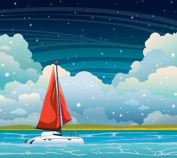 Yacht, sea, clouds and night sky. Summer landscape. - ベクター画像