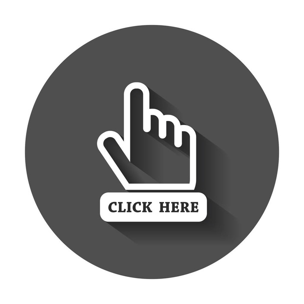 Click here icon. Hand cursor signs. Black button flat vector illustration with long shadow. - Vecteur, image