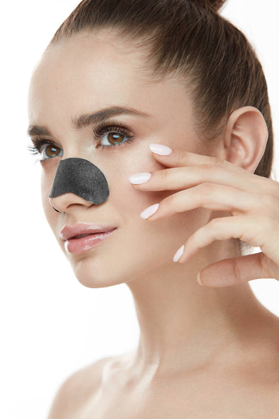 Skin Cleaning. Closeup Beautiful Woman With Patch Mask On Nose - Valokuva, kuva