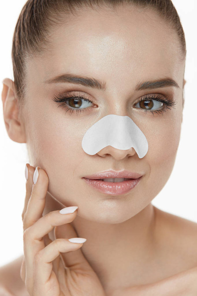 Closeup Of Woman Beauty Face With Strip Patch On Nose  - Фото, изображение