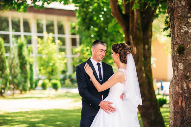 Beautiful couple walking in the park in their wedding day. Sunny weather. - Photo, Image
