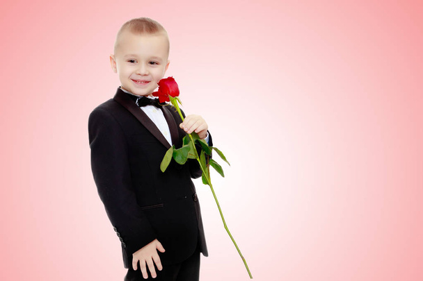 Little boy with a rose flower. - Zdjęcie, obraz