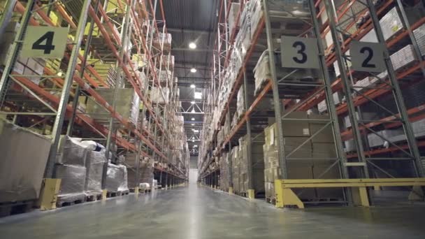 Interior of warehouse with racks full of cardboxes - Footage, Video